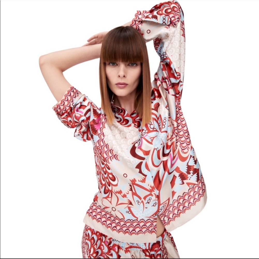Zara Satin Floral Printed Hi Lo Button Up Shirt Blogger Favorite